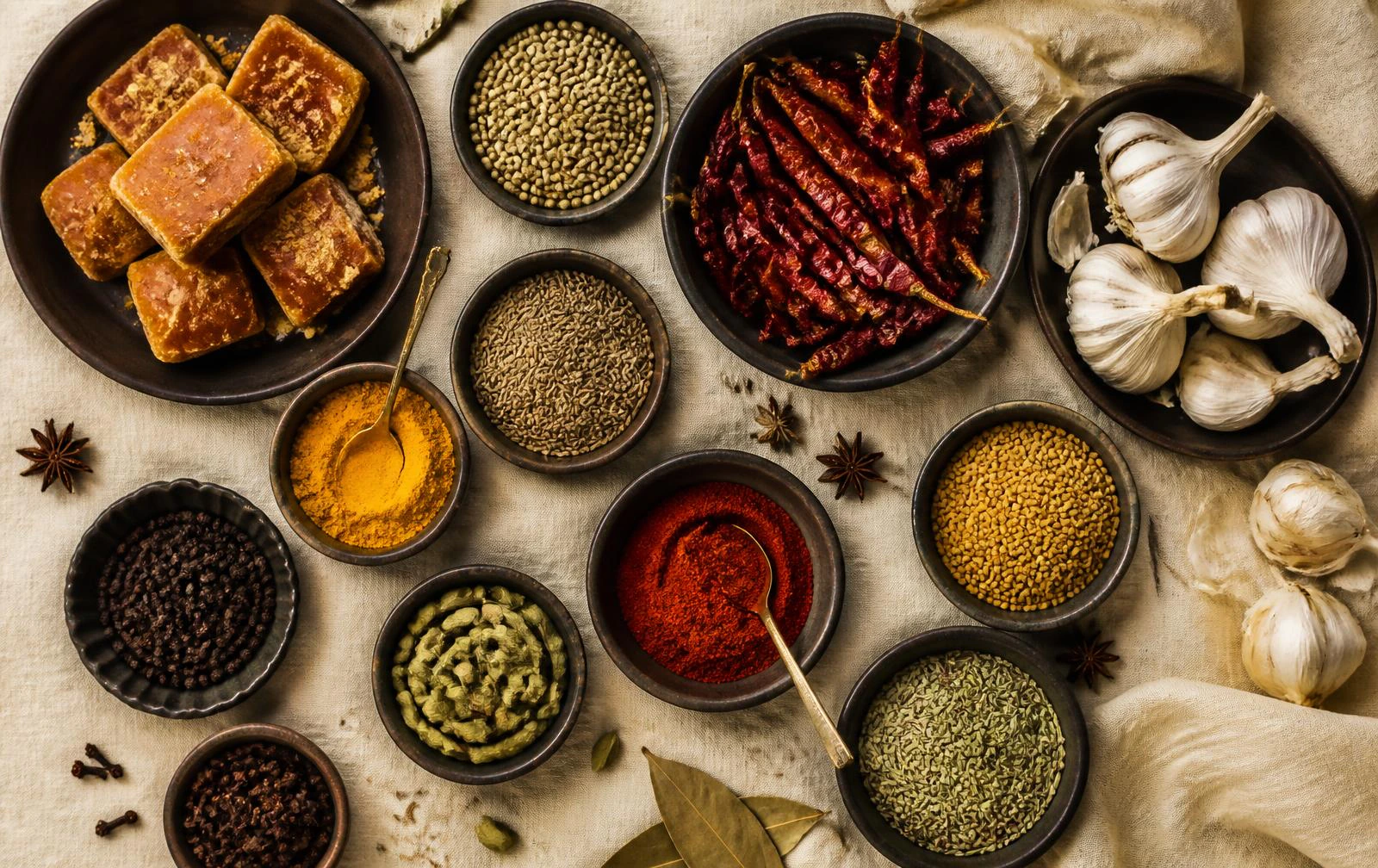 Flat lay of premium Indian spices, jaggery and dried garlic in ceramic bowls